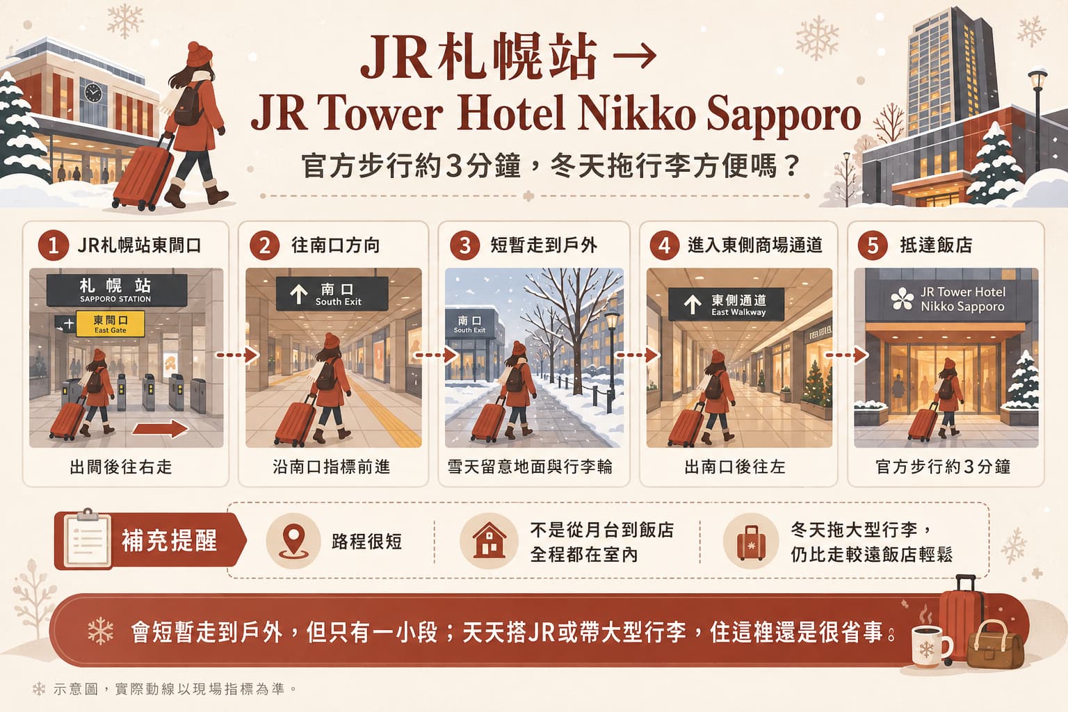 JR札幌站東閘口經南口與連通通道前往JR Tower Hotel Nikko Sapporo的步行路線圖