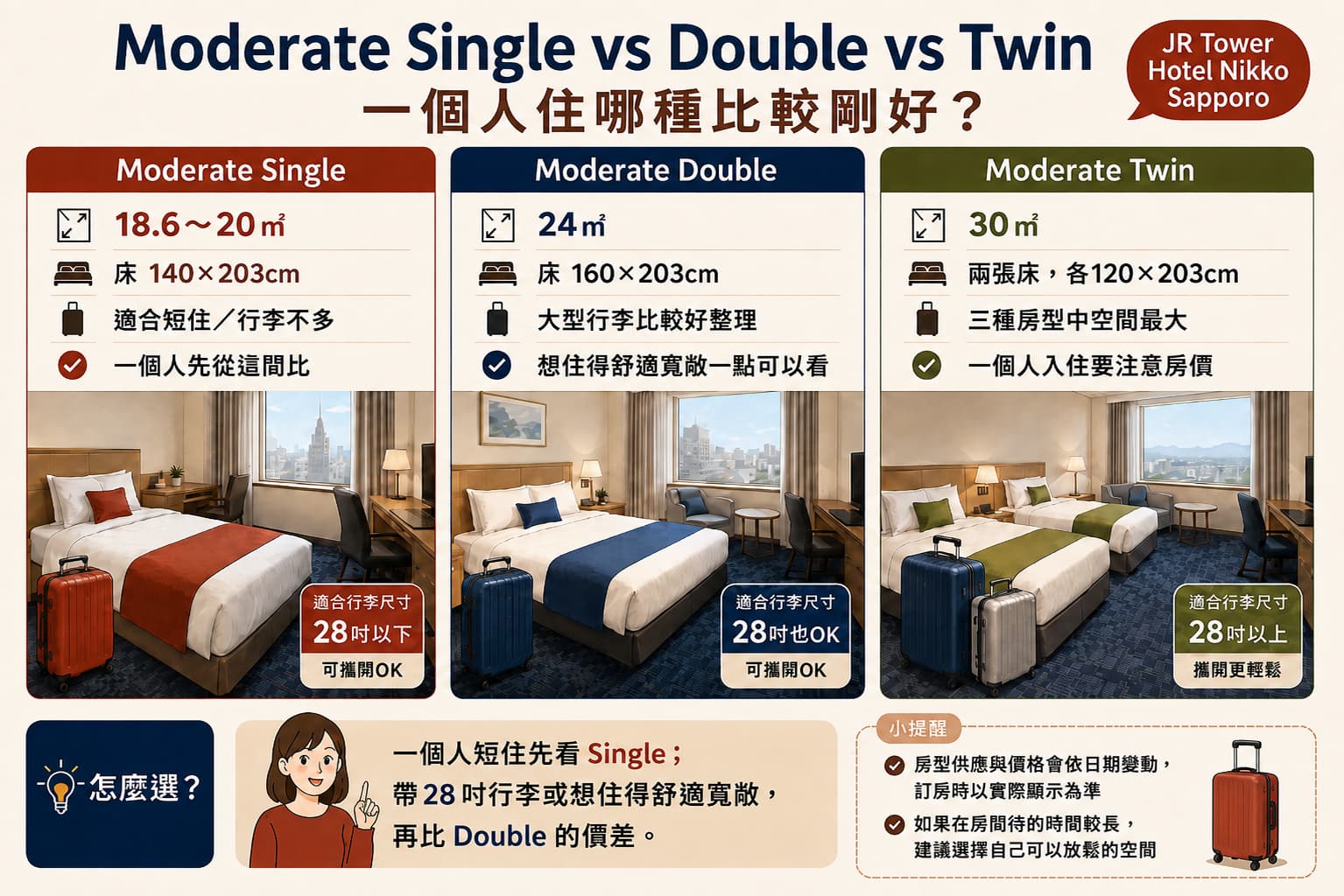 JR Tower Hotel Nikko Sapporo Moderate Single、Double與Twin房型面積、床型及大型行李比較圖