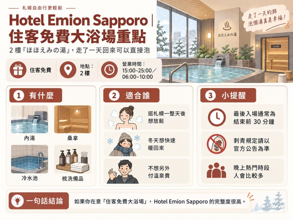 Hotel Emion Sapporo 住客免費大浴場、桑拿與開放時間整理