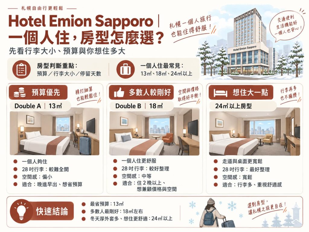 Hotel Emion Sapporo 一個人住宿房型大小與行李空間比較