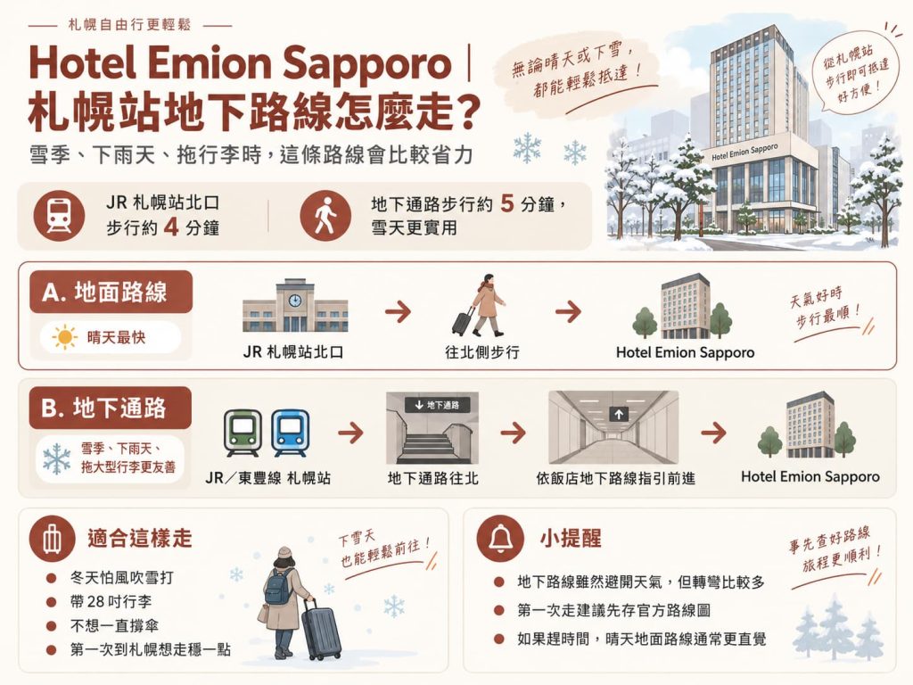 Hotel Emion Sapporo 從札幌站地下通道步行路線與冬季拖行李交通整理