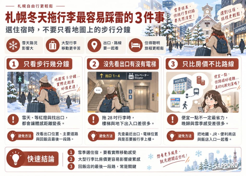 札幌冬季拖行李住宿注意事項，整理步行時間、地鐵出口電梯與住宿路線選擇