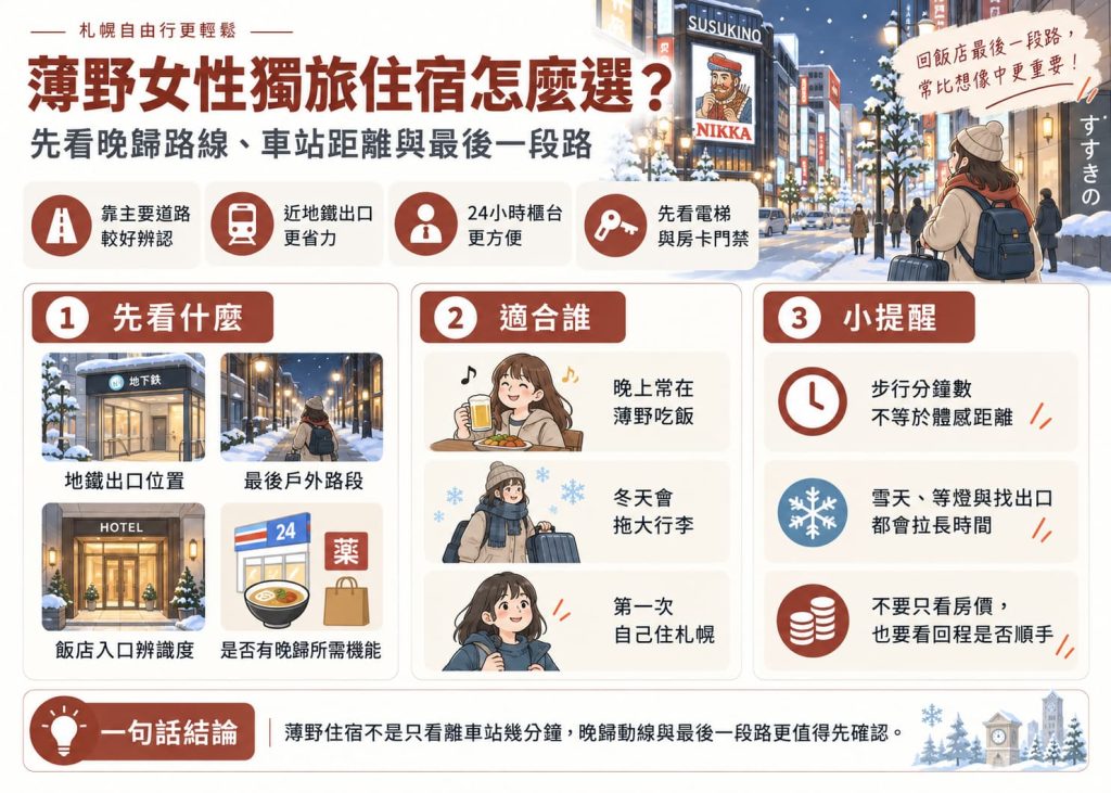 薄野女性獨旅住宿選擇重點，整理晚歸路線、車站距離、冬季拖行李與館內設備